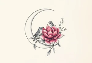 crescent floral moon with lotus flower and baby birds tattoo idea