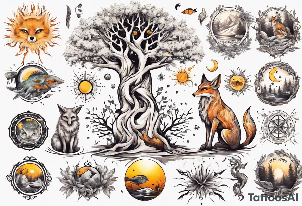 sonne, eule  wald, fuchs 
baum, sapere aude, Wasser, fisch tattoo idea