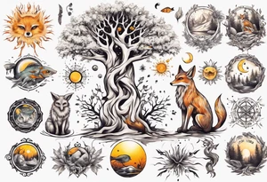 sonne, eule  wald, fuchs 
baum, sapere aude, Wasser, fisch tattoo idea