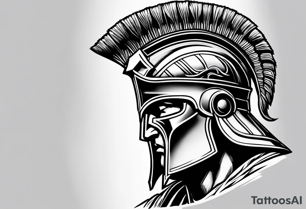 Close up of spartan solider face looking left at distant roman ruins tattoo idea