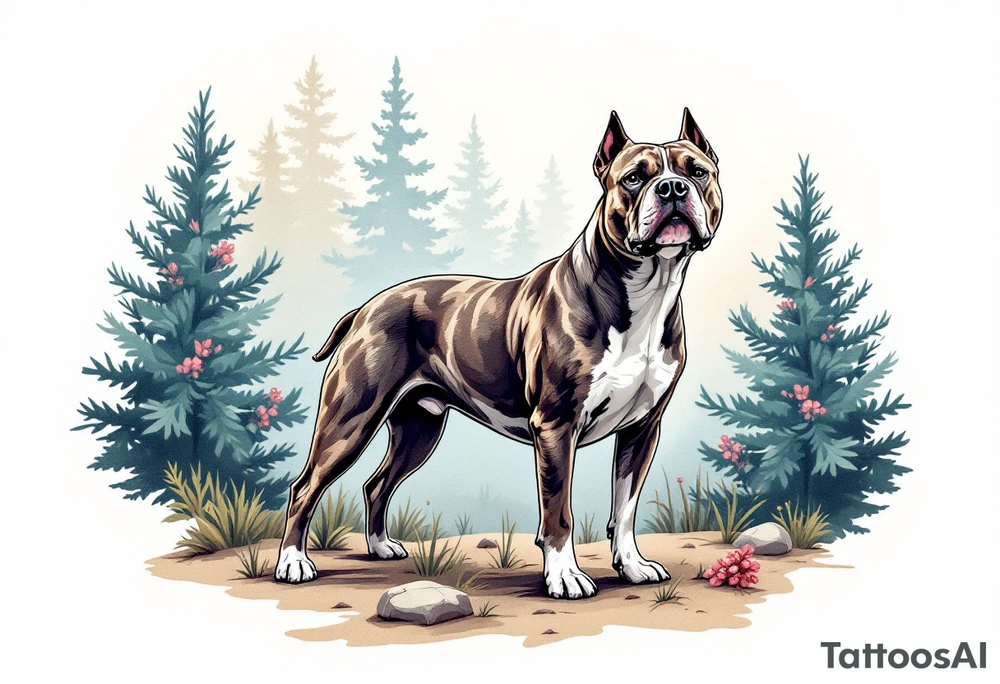 Stafford in Nature Scene – A serene design showing a Staffordshire Bull Terrier standing in a forest setting, with evergreen trees and cool earth tones in the background. tattoo idea