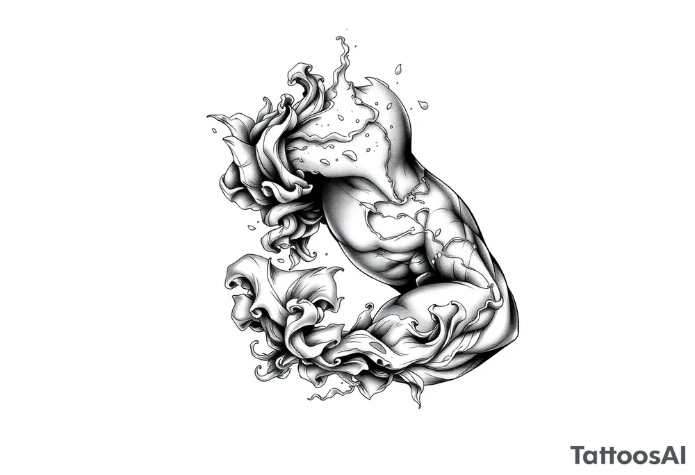 Tattoo sleeve filler using smoke, ash, and fragmented memory effects, organic flow wrapping around arm muscles, soft gradients, negative space, black and grey realism, seamless transitions between main tattoo elements. tattoo idea