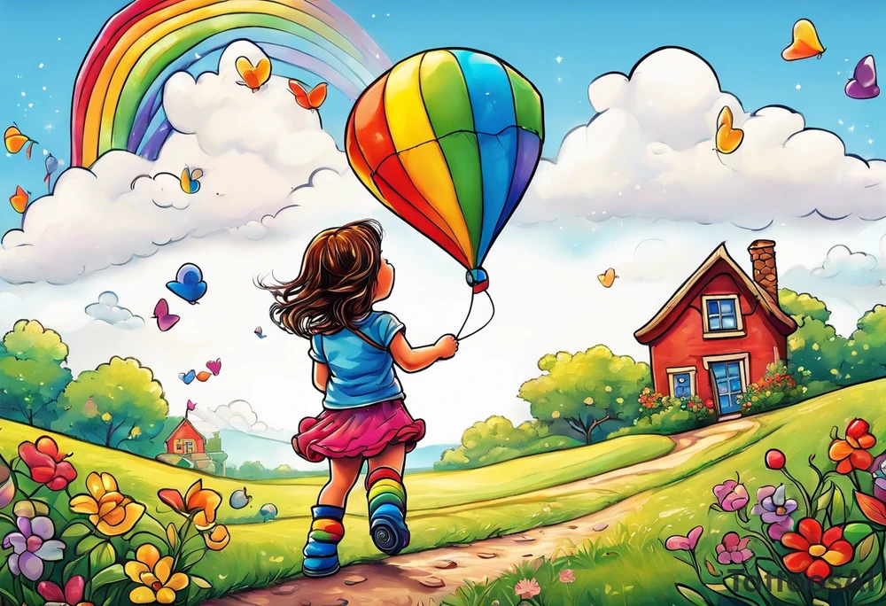 the image of a little girl facing away, flying a kite, with a teddy bear in rainbow boots with wheels tattoo idea
