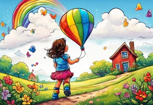 the image of a little girl facing away, flying a kite, with a teddy bear in rainbow boots with wheels tattoo idea
