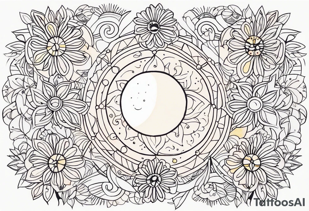 sacred moon and sun painted with Anishinaabe floral all over tattoo idea