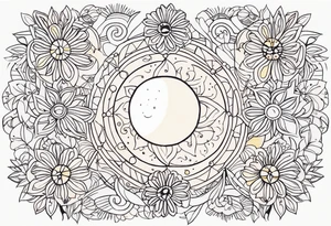 sacred moon and sun painted with Anishinaabe floral all over tattoo idea