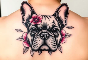 French bulldog, feminine ruby color flowers tattoo idea