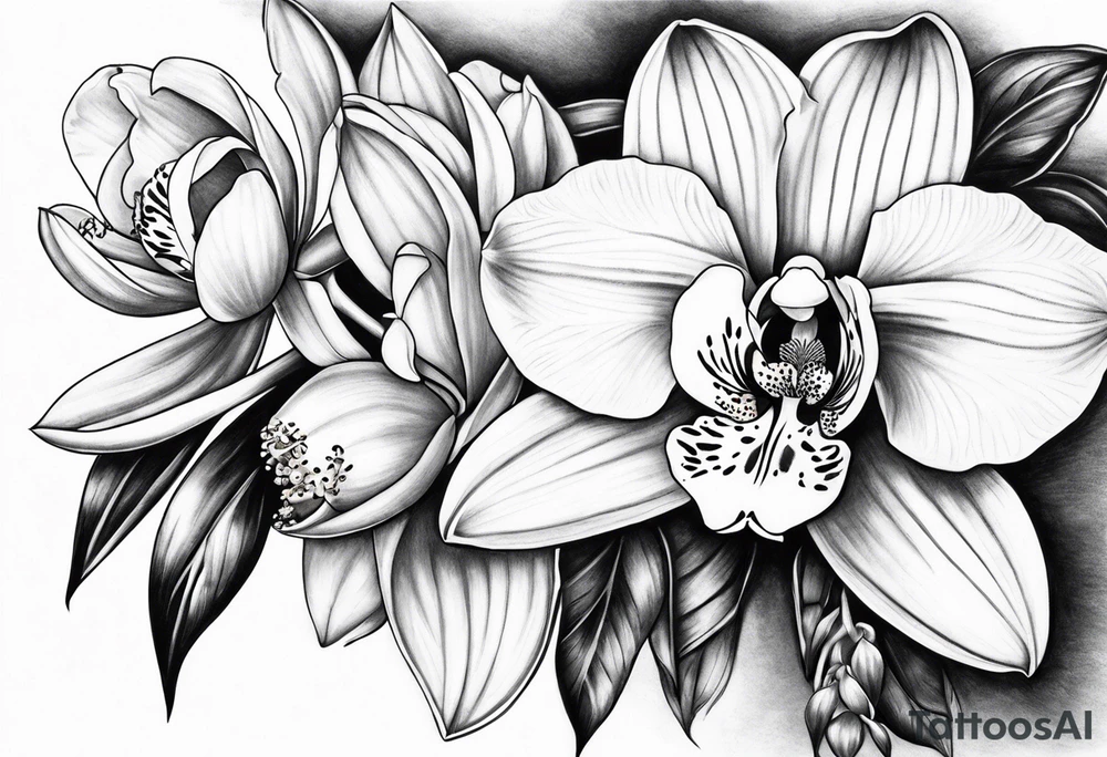 Cymbidium orchid with 2 roses tattoo idea