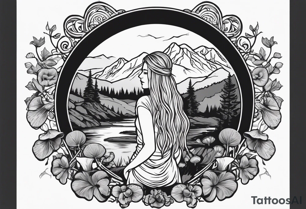Whole picture encircled fully

Straight long blonde hair hippie girl in distance holding mushrooms in hand facing away toward mountains and creek surrounded by mushrooms long sleeve shirt and hiking pants; whole rendering within a full celtic circle, no cut off circle tattoo idea