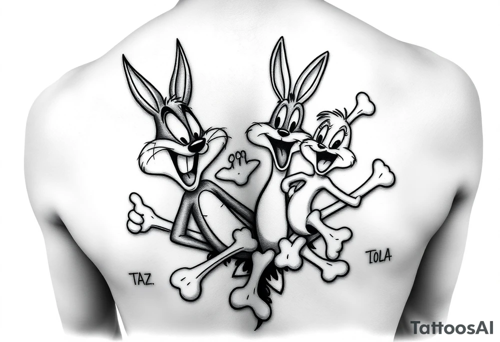 i want the looney toons breaking out of right rib cage and as their body parts exit they turn to bones (representing my four kids 3 boys 1 girl) taz, bugz, tweety, lola tattoo idea