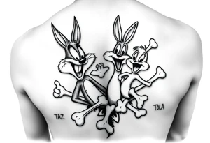 i want the looney toons breaking out of right rib cage and as their body parts exit they turn to bones (representing my four kids 3 boys 1 girl) taz, bugz, tweety, lola tattoo idea