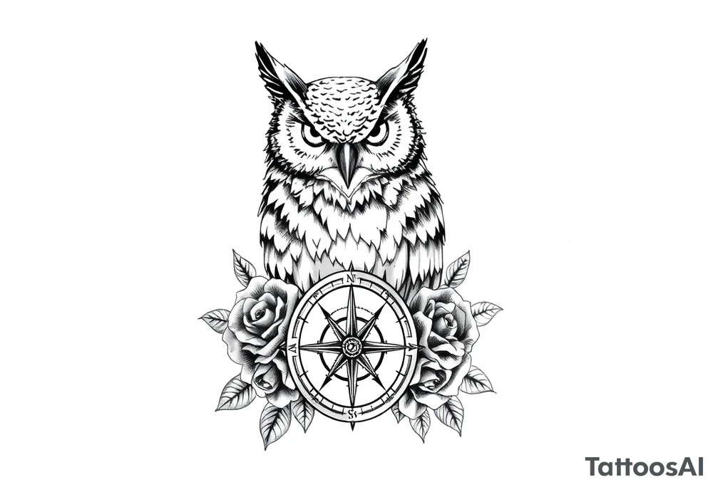 an owl,compass,roses, tattoo idea
