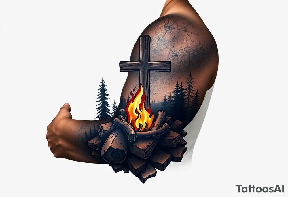Campfire with cross include the great outdoors and night sky make sure cross doesn't look like it is on fire tattoo idea