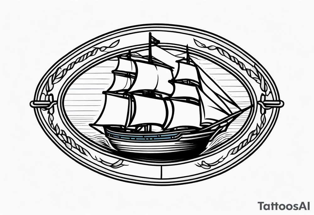 american traditional ship. oval border tattoo idea