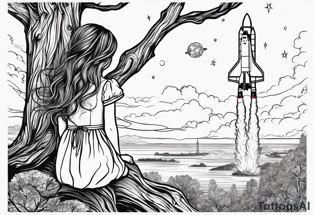 back of small girl in dress with long hair sitting on a tree branch watching a space shuttle launch in the distance tattoo idea