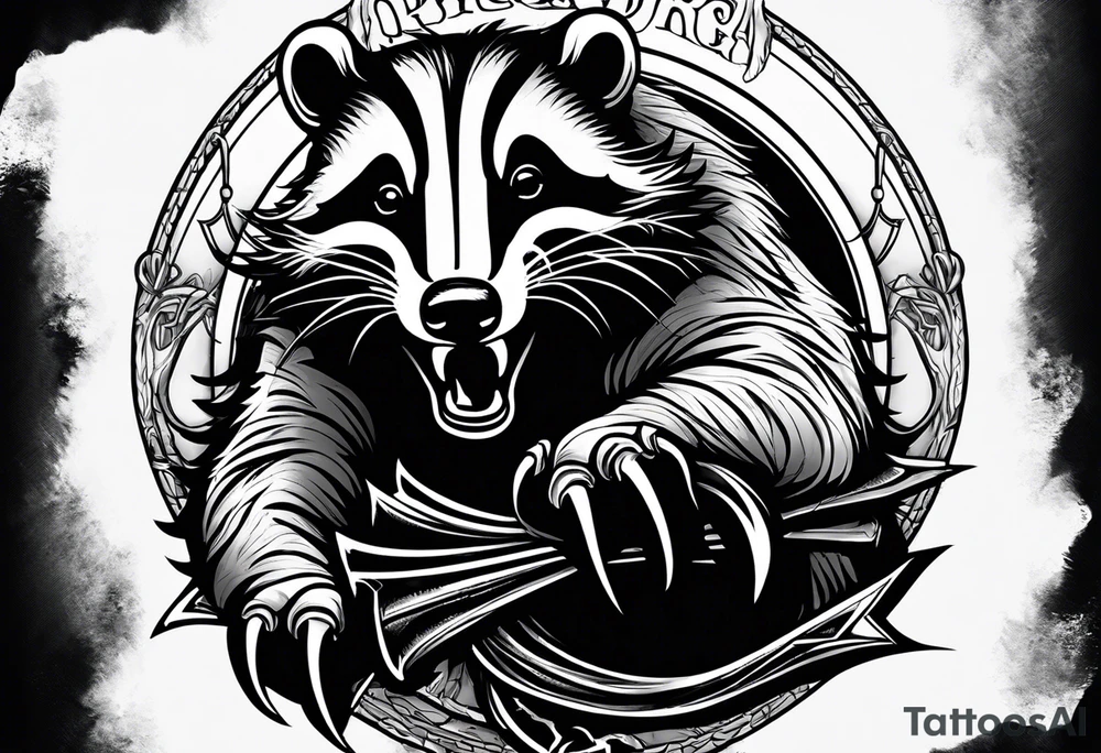 Draw me psychopath badger with aggressive full body, killer face with a smile, very long nails and he attacks like a Bloody Gladiator to enemy and also, he has very deadly looking. He fights with his nails. Everybody scares after their first sight. Give me horror type full body Badger Tattoo. tattoo idea