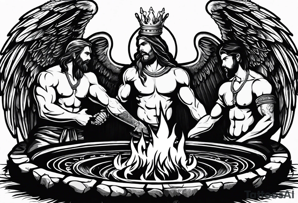 3 men holding hands in a big fire pit with an angel in the background with the word kings on top of it with a crown on top of that tattoo idea