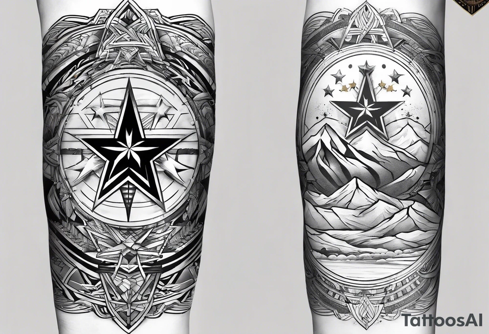 complete upper arm sleeve. Feature three mountain side by side, with 3 stars above them crossed sword patterns that evoke the Valkyrie spirit. Keep the design in clean, simple lines. tattoo idea