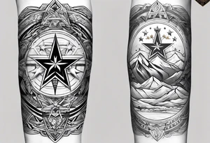 complete upper arm sleeve. Feature three mountain side by side, with 3 stars above them crossed sword patterns that evoke the Valkyrie spirit. Keep the design in clean, simple lines. tattoo idea