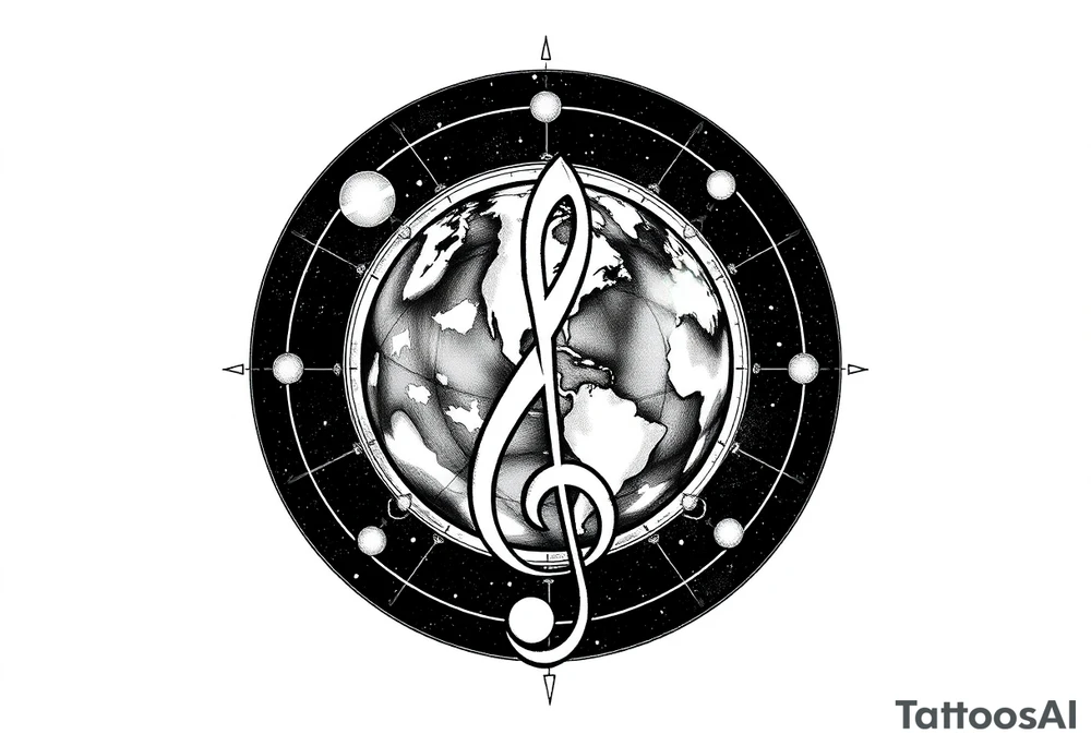 system of the universe with earth and a clef for my love to music, tattoo idea