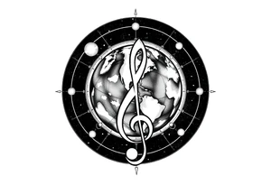 system of the universe with earth and a clef for my love to music, tattoo idea