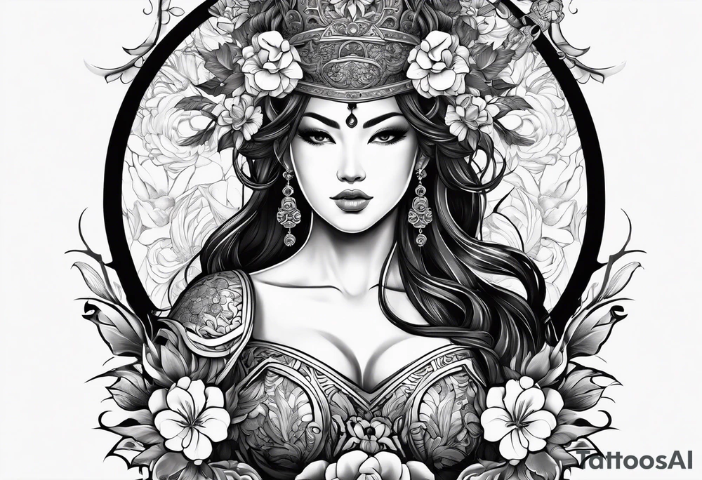 ornate beautiful woman warrior with weapon & floral arch background tattoo from head to torso tattoo idea