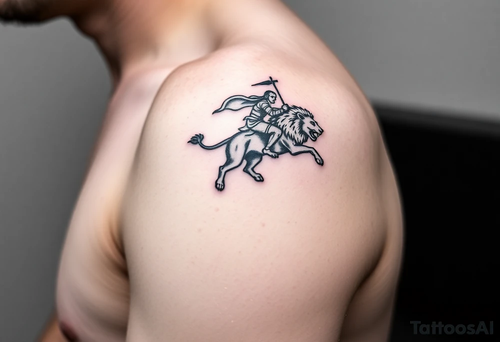 warrior riding on top of lion into battle tattoo idea