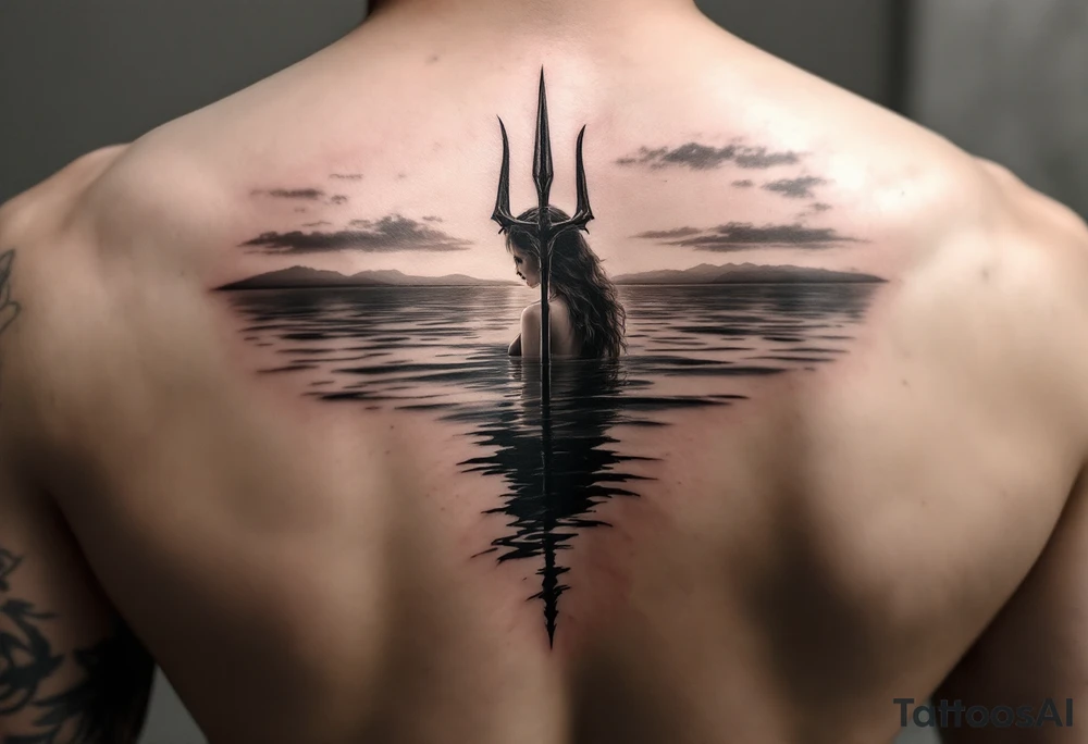 trident half way under calm water at sunset with woman tattoo idea