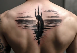 trident half way under calm water at sunset with woman tattoo idea