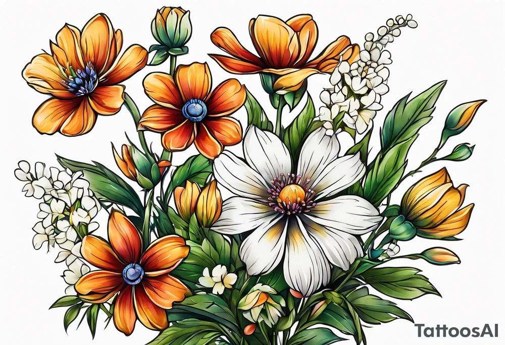 small long stem wildflower bouquet across foot tattoo idea