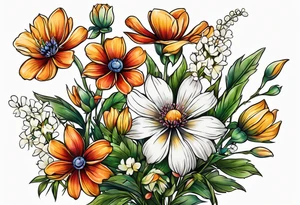 small long stem wildflower bouquet across foot tattoo idea