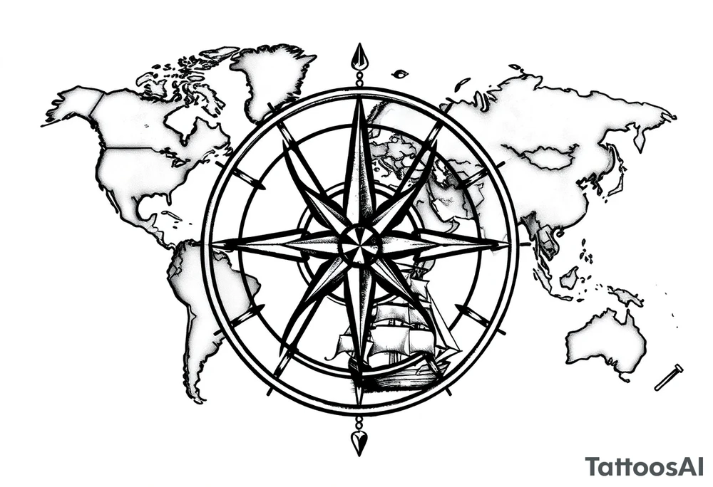 antique compass rose overlaid on weathered world map with sailing ships tattoo idea