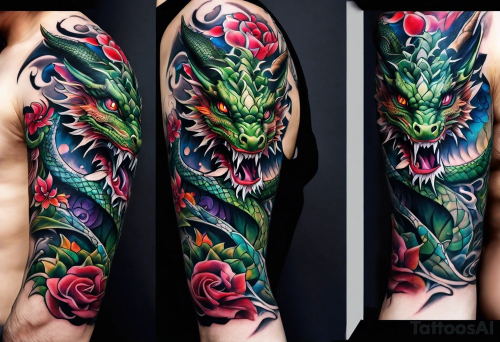Dragon arm sleeve with an eldritch design tattoo idea