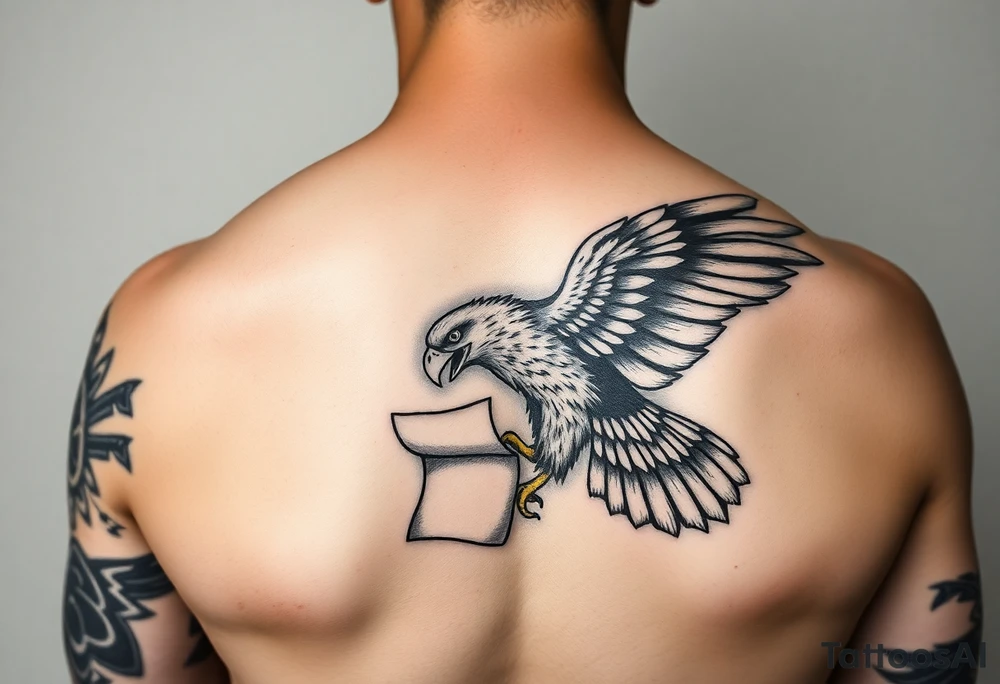 eagle in tribal tattoo look on shoulder, chest and arm which holds a piece of Paper in ita claws tattoo idea