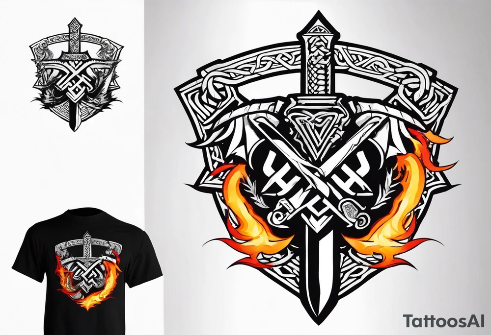 Valhalla sword shield dragon axe Valknut barbed wire chains fire tattoo idea