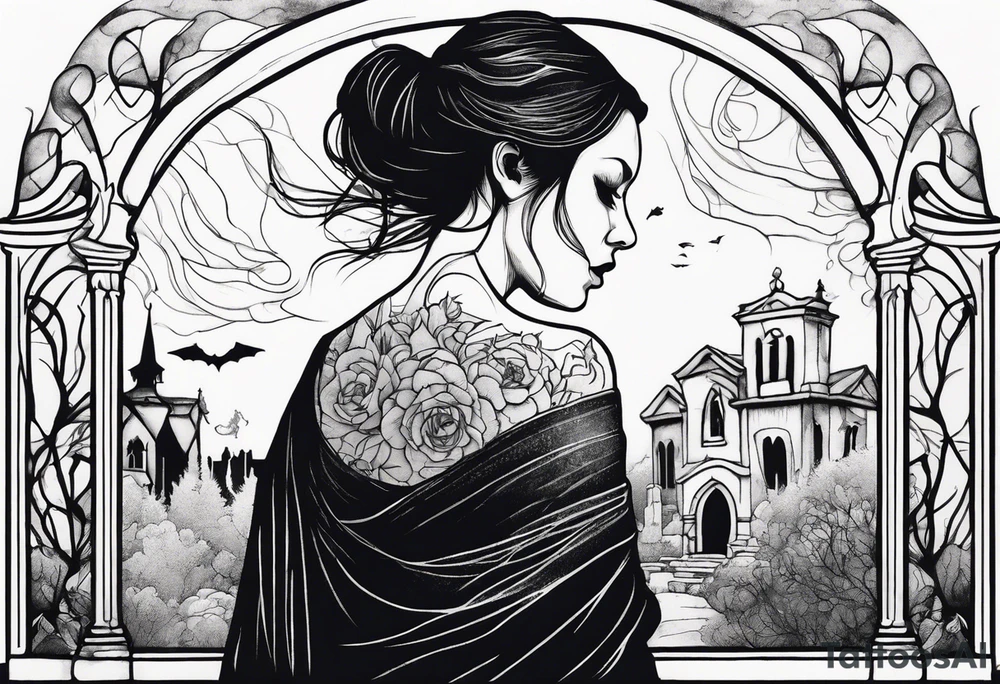 Courageous Woman with a tear running down her face walking out of a graveyard  leaving her old terrifying, scary, violent past behind her ethereal and mysterious tattoo idea