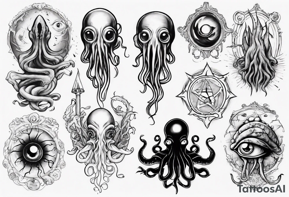 lovecraft long tattoo to put on the forearm, with eye and tentacle tattoo idea