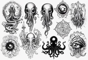 lovecraft long tattoo to put on the forearm, with eye and tentacle tattoo idea
