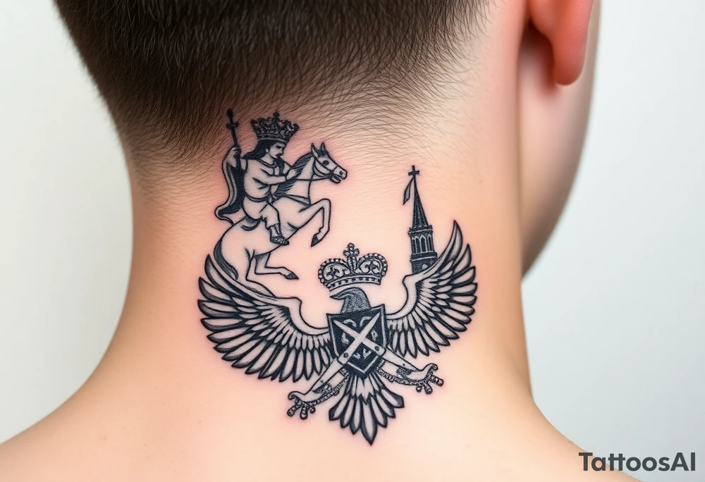 St. George slaying the dragon (hugely common in Russian Orthodox art)
Russian imperial crown above the eagle
Crossed swords or a Russian sabre
The Kremlin or St. Basil's Cathedral scene tattoo idea