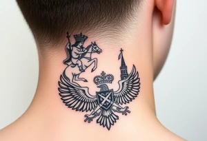 St. George slaying the dragon (hugely common in Russian Orthodox art)
Russian imperial crown above the eagle
Crossed swords or a Russian sabre
The Kremlin or St. Basil's Cathedral scene tattoo idea
