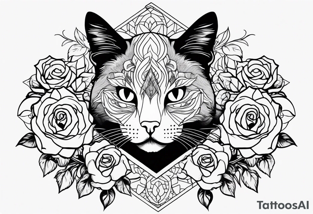 cat with roses around it tattoo idea
