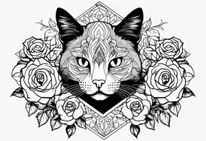 cat with roses around it tattoo idea