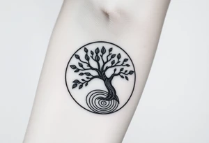 Tree with few leaves, encircled in a circle, with a SPIRAL line starting from the left side of tree and spiraling outward in a clockwise direction tattoo idea