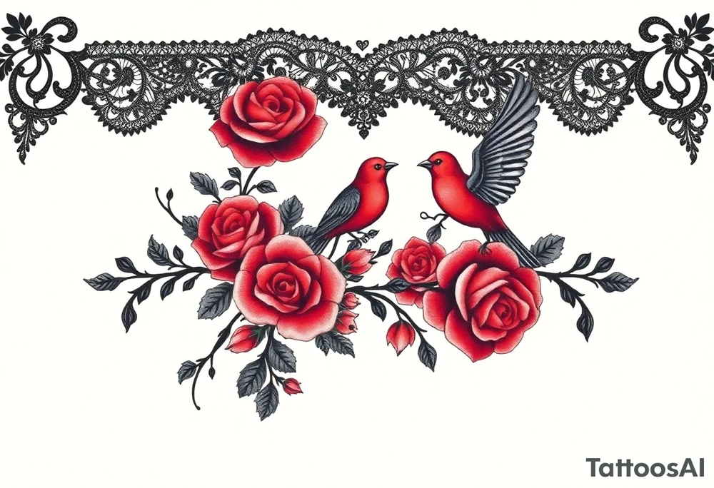 Vintage black lace, red roses, red birds, vintage, wrap around, tighter together, no space open tattoo idea