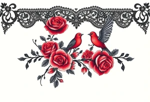 Vintage black lace, red roses, red birds, vintage, wrap around, tighter together, no space open tattoo idea