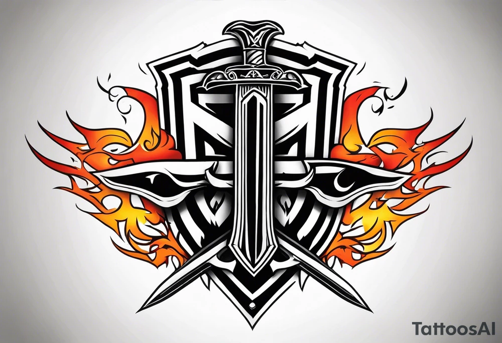 Valhalla on fire shield sword tattoo idea