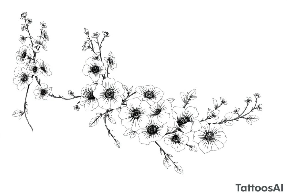Full sleeve tattoo design of larkspur and hawthorn flowers, highly detailed line art, black ink, elegant botanical style, intertwined composition, no shading, no human mock-up, clean stencil style suitable for tattooing, fit fully within boundaries. LINE ART ONLY, REMOVE HUMAN, NO SKIN, NO ARM, NO HUMAN BODY PARTS tattoo idea