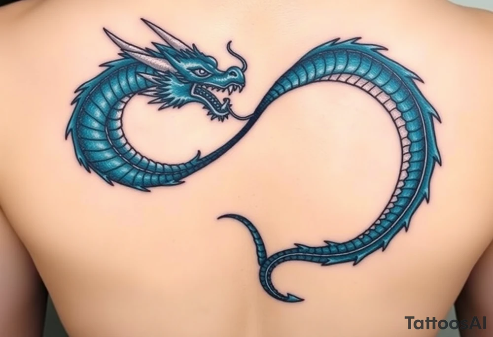 The design features a dragon, coiled in the shape of the infinity symbol (sideways number "8"). The dragon is depicted eating its own tail, symbolizing eternity and continuity, inspired by the Ouroboros.

Details:

The dragon's body has vibrant, glossy blue scales, with a smooth and polished texture.
It maintains a clean, balanced shape in the infinity figure, with sharp details and elegant flow.
Style:

The focus remains on the dragon's form, with no additional background elements to keep the design minimal and modern. tattoo idea