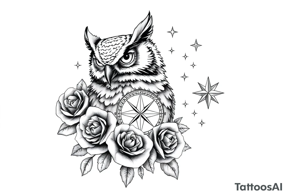an owl,compass,roses,stars. tattoo idea