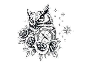 an owl,compass,roses,stars. tattoo idea
